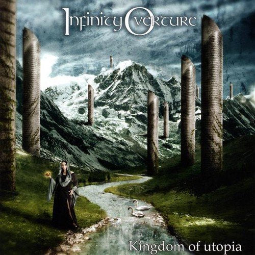 "CD cover art: woman in black robe standing by a stream, surrounded by stone pillars."