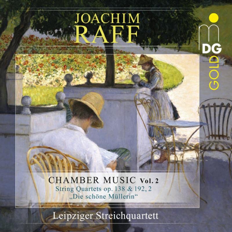 CD cover featuring a painting of people in a park, text: Joachim Raff, Leipzig String Quartet.
