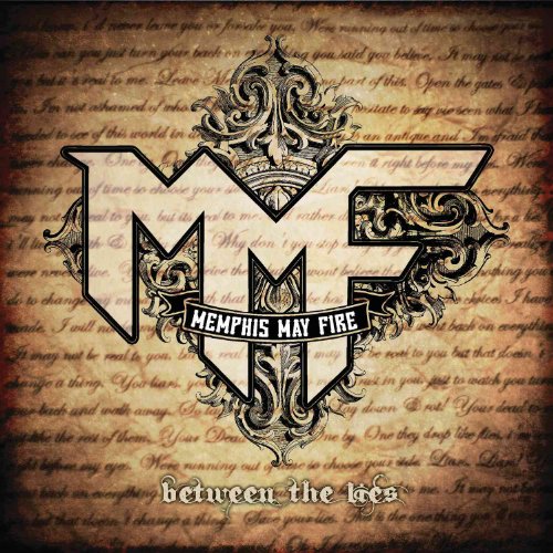 "Album cover with 'Memphis May Fire' logo and 'between the lies' text on vintage parchment."