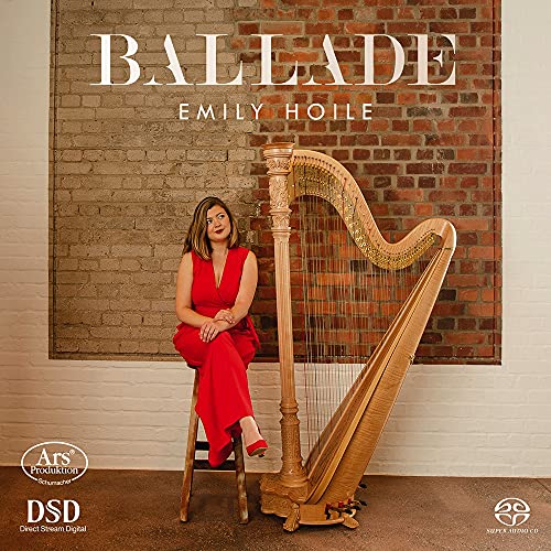 Album cover featuring a woman in red sitting beside a harp against a brick wall.