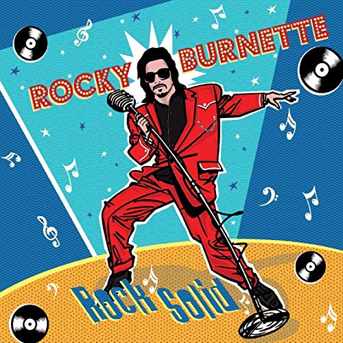 "Album cover featuring cartoon man in red suit singing into a microphone."