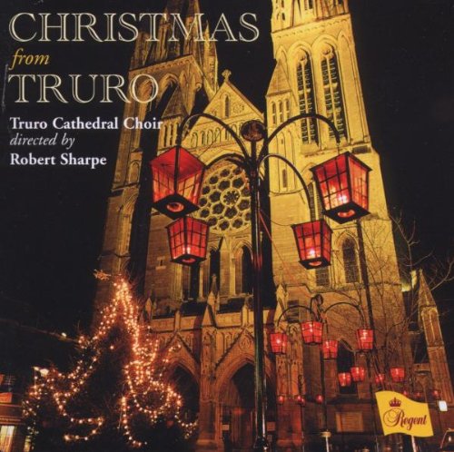 "Album cover featuring Truro Cathedral at night, decorated with red lanterns and Christmas lights."