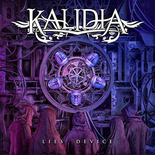 Album cover for Kalidia's "Lies' Device" featuring mechanical and hooded figures.