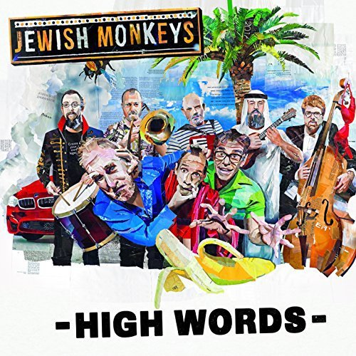 "Album cover art for 'Jewish Monkeys - High Words' featuring a collage of men playing instruments."