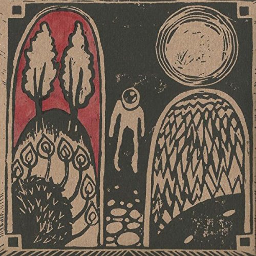 An abstract illustration of an astronaut between two arches, with a moon above.