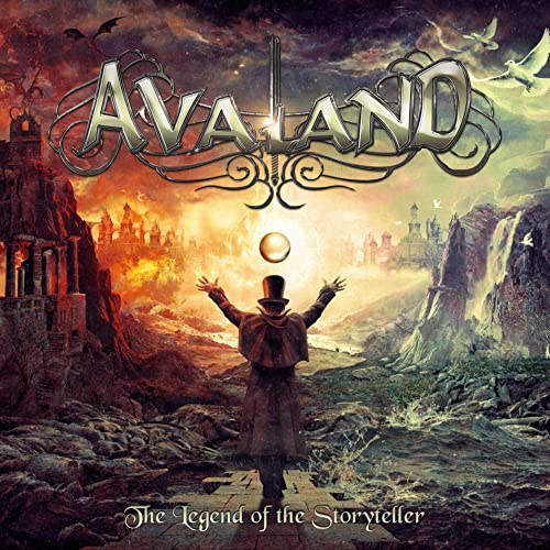 Avaland album cover: fantasy cityscape with a storyteller figure.