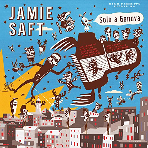 Album cover for Jamie Saft's "Solo a Genova" with illustrated figures and piano.