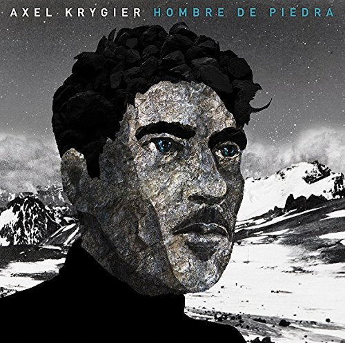"Album cover featuring a man with a stone-like face against a snowy mountain landscape."