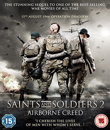 Three WWII soldiers with rifles stand facing a smoky battlefield.