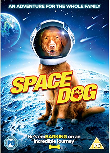 Dog in space helmet sits on moon, movie poster for "Space Dog".
