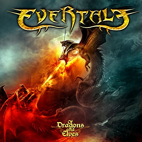 "Album cover art featuring a dragon and elf in a fiery, cloudy scene."