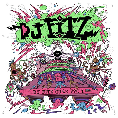 Colorful cartoon illustration of a DJ setup with monster-like figures.