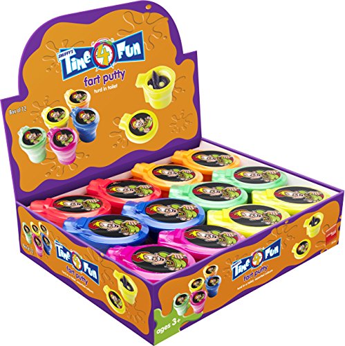 "Display box of colorful 'fart putty' containers, each with a fake turd inside."