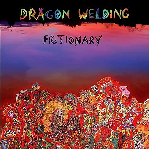 CD cover for Dragon Welding’s “Fictionary” with colorful, chaotic artwork.