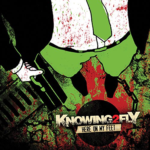 Album cover art for "Knowing2fly - Here On My Feet" with abstract figure and splattered background.