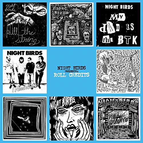 Collage of black and white illustrations for the "Night Birds - Roll Credits" vinyl.