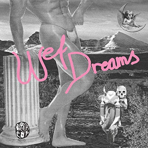 "Album cover: black and white collage with pink 'Wet Dreams' text and surreal imagery."