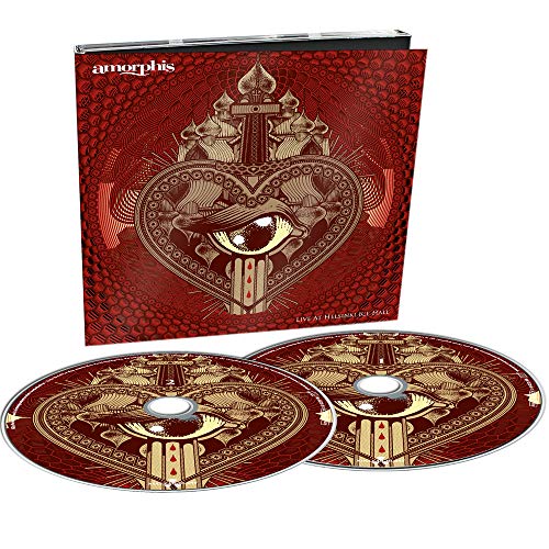 Amorphis album cover: ornate red design with a central eye motif.