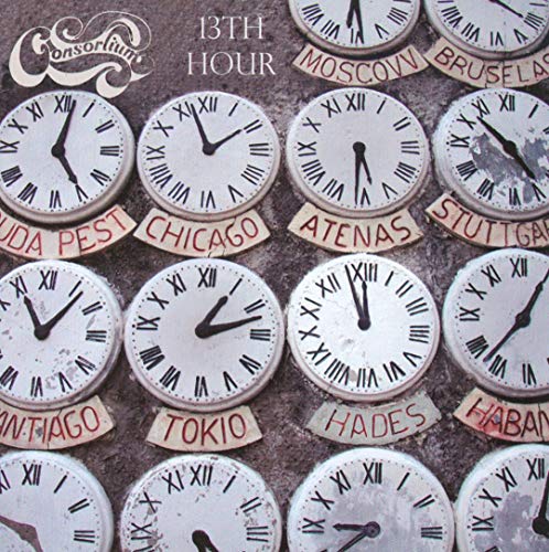 CD cover with many clocks displaying different times and city names.