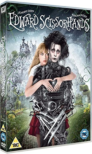 Edward Scissorhands DVD cover featuring Edward and Kim in a garden setting.