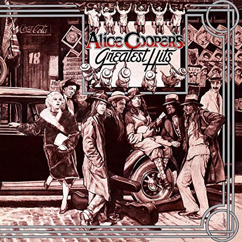 Alice Cooper’s Greatest Hits vinyl album cover, sepia-toned illustration.