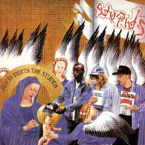 "Album cover featuring a parody of the Madonna holding baby Jesus with modern figures."