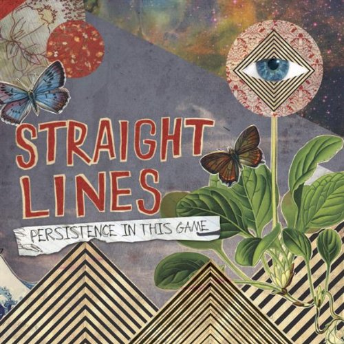 "Album cover with 'Straight Lines' title, butterflies, and eye surrounded by plants and geometric shapes."