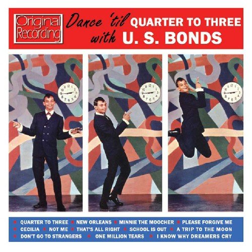"Album cover with a man dancing in three poses against a colorful background."