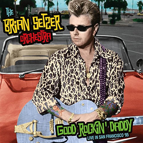 Brian Setzer album cover featuring a man with a guitar and classic car.