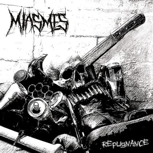 Black and white album cover with a skull, machinery, and barbed wire.