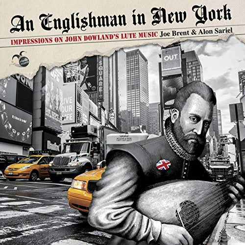 "CD cover with bearded man playing lute in New York City street scene."