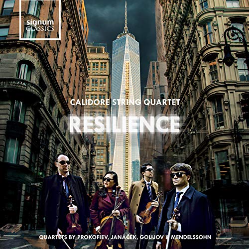 "CD cover featuring Calidore String Quartet standing in front of a city street."