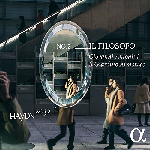 CD cover featuring a reflective oval mirror and people walking in a modern building.