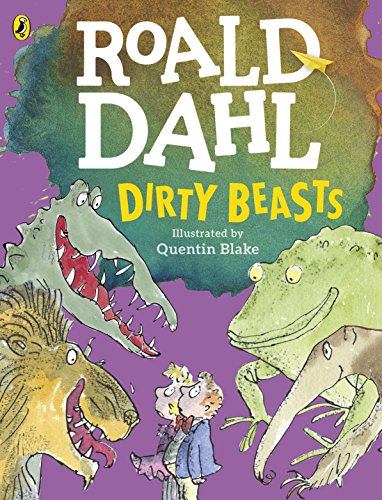 "Children's book cover with 'Dirty Beasts' title, featuring cartoon dinosaurs and a child."