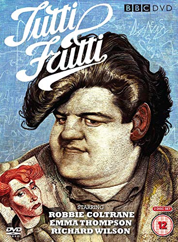“Tutti Frutti” DVD cover featuring Robbie Coltrane in character, illustrated style.