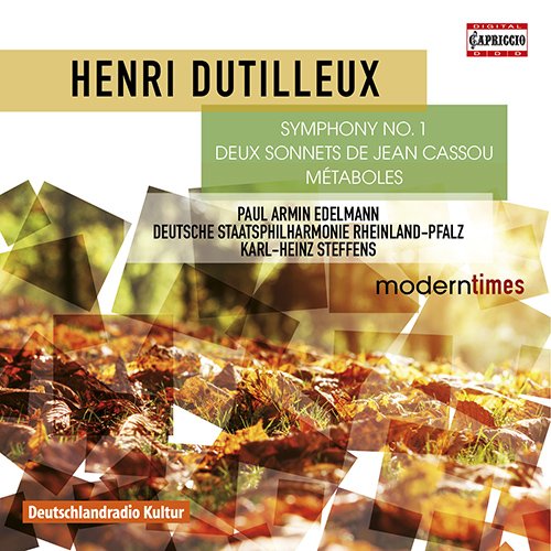 "CD cover with autumn leaves and transparent rectangles, featuring text about Henri Dutilleux's Symphony."