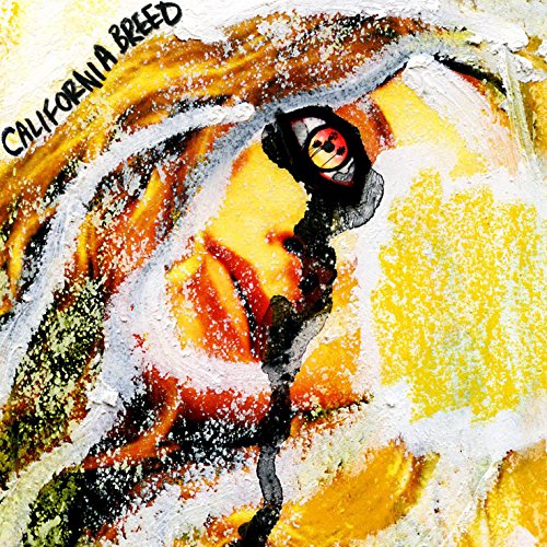 The image is a close-up of an abstract painting with the words "California Breed" written in black. A concise alt text for this image could be: "Abstract painting with yellow, orange, and black colors and 'California Breed' text."