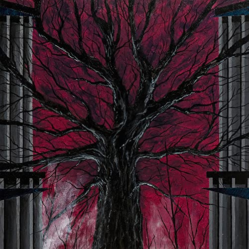 Dark tree silhouette against a textured, deep red and grey background.