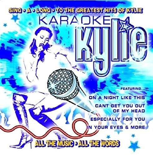 "Karaoke Kylie" CD cover featuring a singer with a microphone, blue and white background.