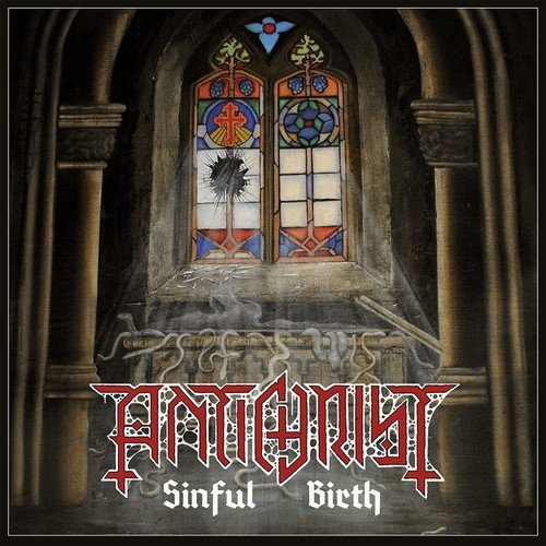 Dark church interior with stained glass, album title “Antichrist - Sinful Birth”.