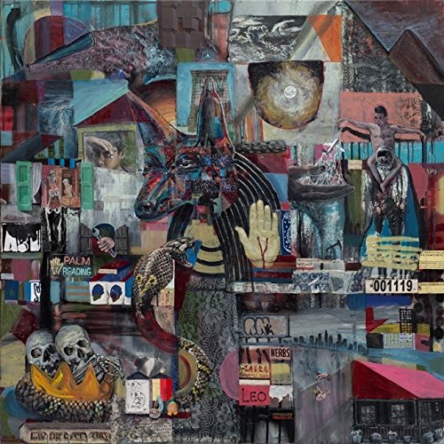 Collage of fragmented images including a horse head, hand, and skull.