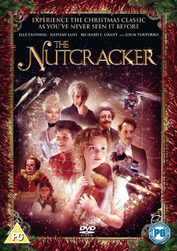 The Nutcracker" DVD cover featuring actors and fantastical imagery.