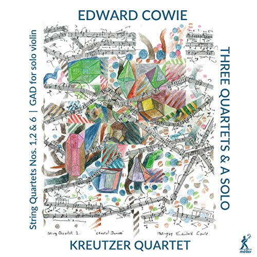 A CD cover featuring abstract shapes and musical notes, with blue text on a white background.