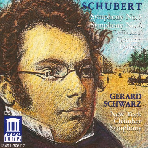 CD cover featuring a portrait of Franz Schubert and cityscape background.