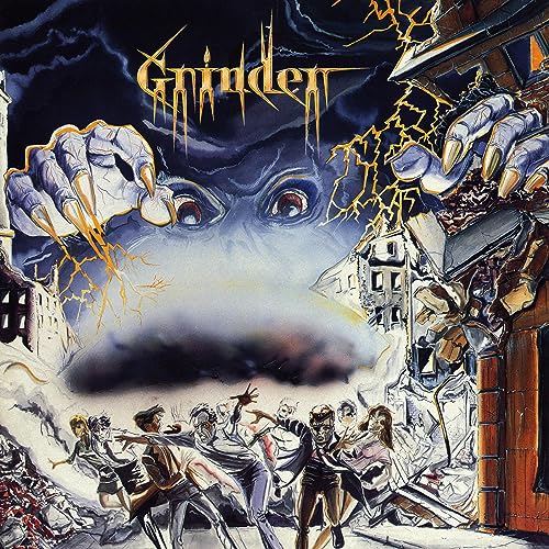 CD cover for Grinder’s “Dawn For The Living” depicts a monster attack.