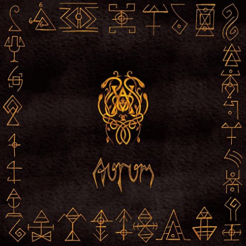 The image is a black square with a gold design. The alt text is: "Black album cover with gold abstract symbols and 'Aurum' text."