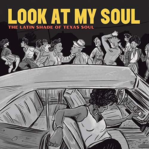CD cover: illustrated crowd dancing around a vintage car, grayscale.