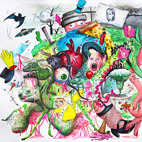 Surreal, chaotic collage of figures, objects, and body parts in bright colors.