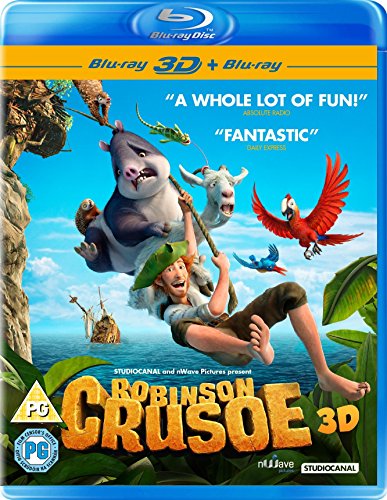 Robinson Crusoe" Blu-ray cover featuring a man with animated animals.