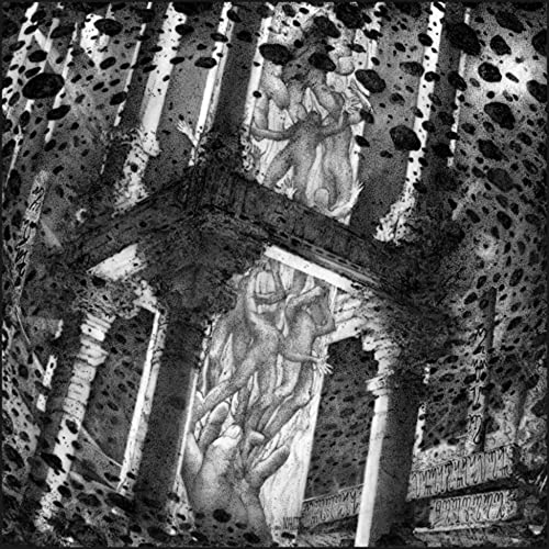 Black and white surreal art of entwined figures amidst distorted columns and dark textures.